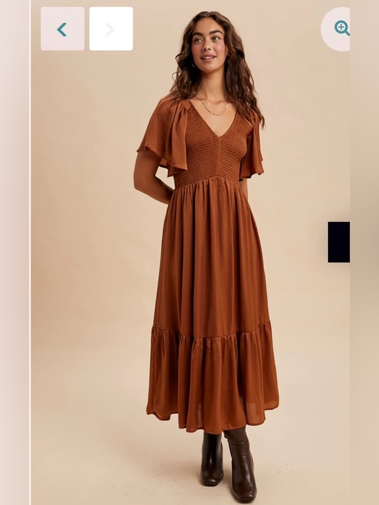 in loom Dresses & Skirts - In Loom Emilia Dress Size L Sepia Satin Smocked Midi - NWT